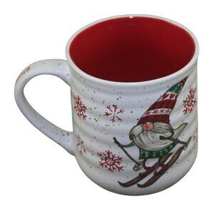 Peppermint & Pine Gnome for the Holidays Christmas Mug Ceramic White Skiing RARE